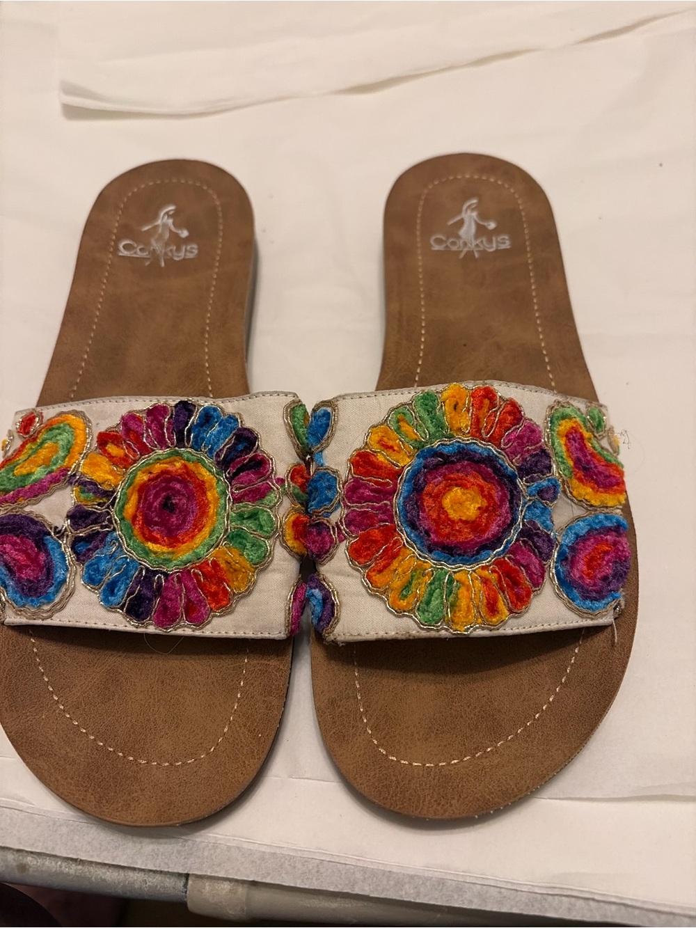 Corkys White Slide Sandals with Multicolor Embroidered Flowers